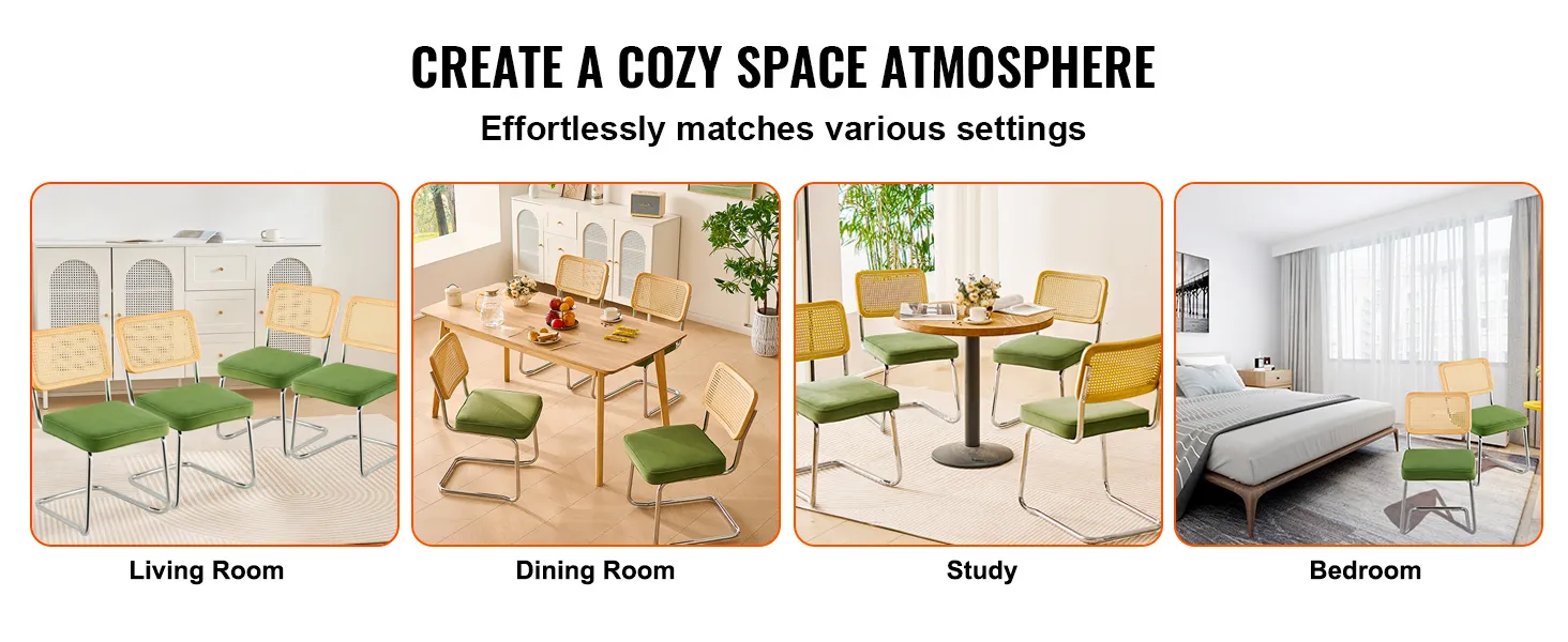 VEVOR rattan dining chair in living room, dining room, study, and bedroom setups.