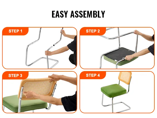 VEVOR rattan dining chair easy assembly steps showing frame, seat, and backrest installation.