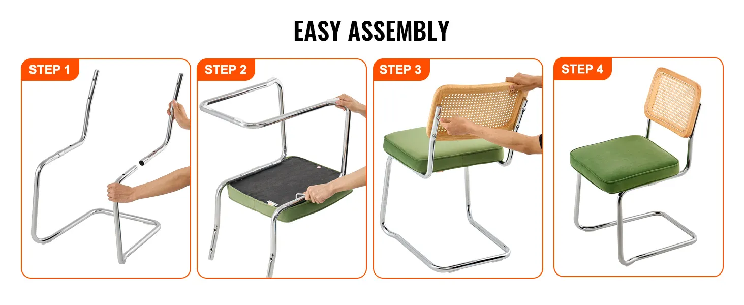 VEVOR rattan dining chair easy assembly steps showing frame, seat, and backrest installation.