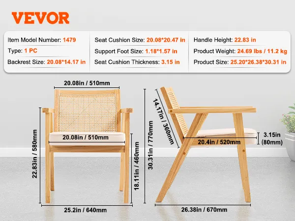 VEVOR mid century modern rattan chair dimensions and specifications in a minimalist room setting.