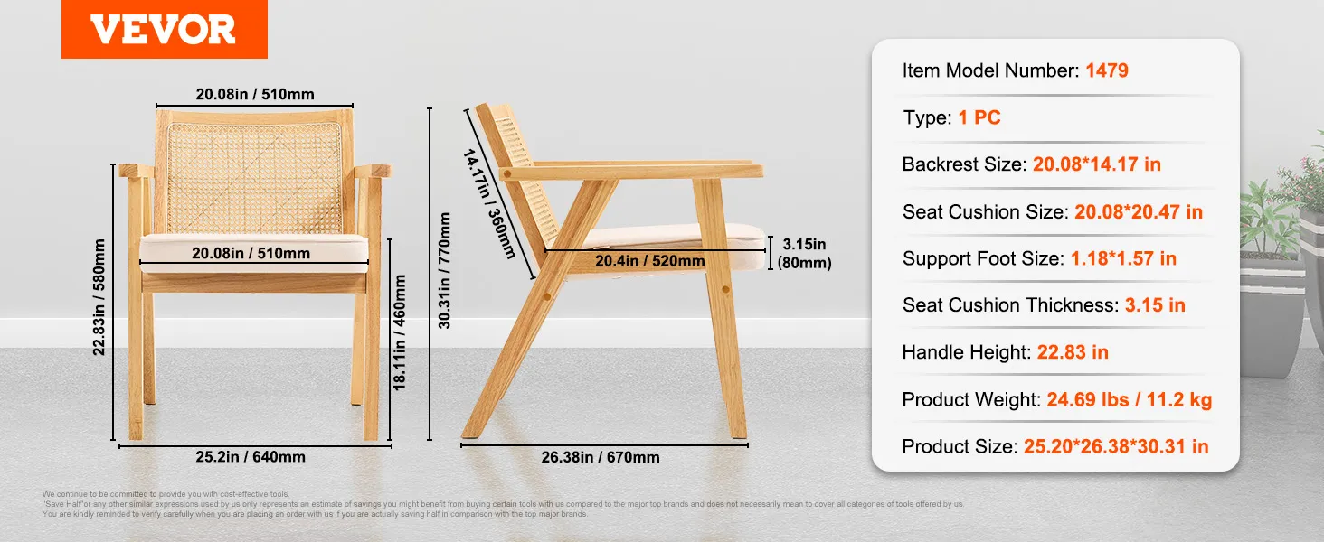 VEVOR mid century modern rattan chair dimensions and specifications in a minimalist room setting.