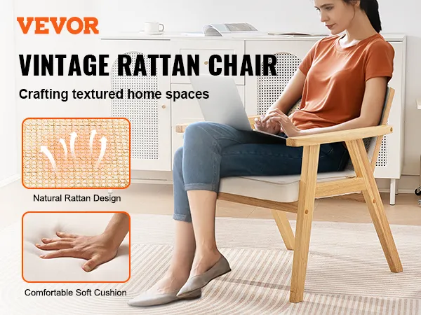 VEVOR mid century modern rattan chair with natural rattan design and comfortable soft cushion.