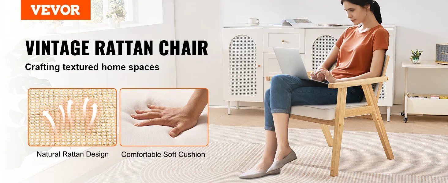 VEVOR mid century modern rattan chair with natural rattan design and comfortable soft cushion.