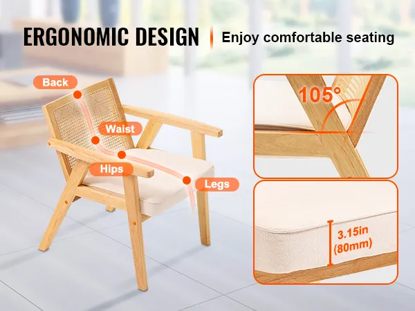 VEVOR mid century modern rattan chair with ergonomic design, 105° recline, and 3.15-inch cushion.