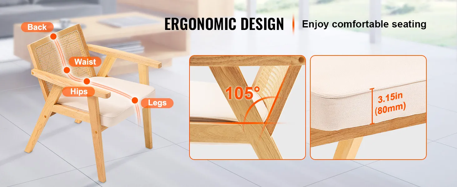 VEVOR mid century modern rattan chair with ergonomic design, 105° recline, and 3.15-inch cushion.