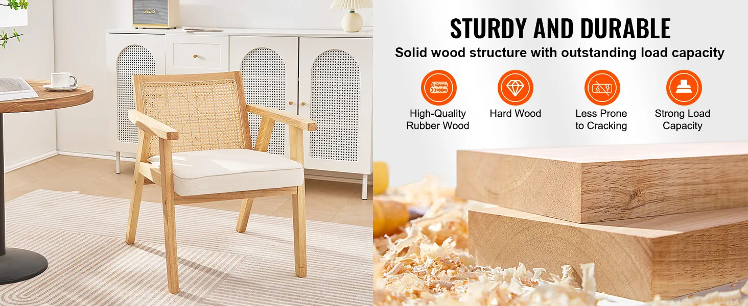 VEVOR mid-century modern rattan chair with solid wood structure, high-quality rubber wood, and durable design.