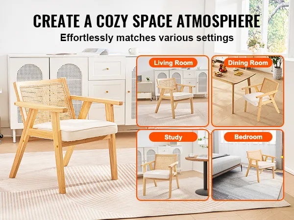VEVOR mid century modern rattan chair in living room, dining room, study, and bedroom settings.