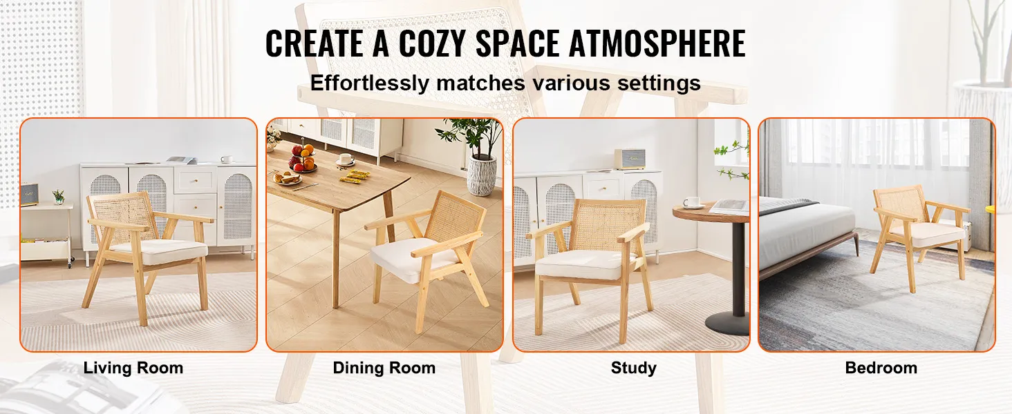 VEVOR mid century modern rattan chair in living room, dining room, study, and bedroom settings.