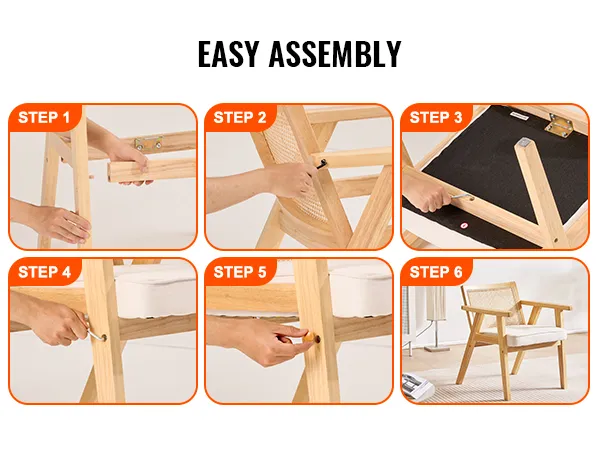 easy assembly of the VEVOR mid century modern rattan chair in six illustrated steps.