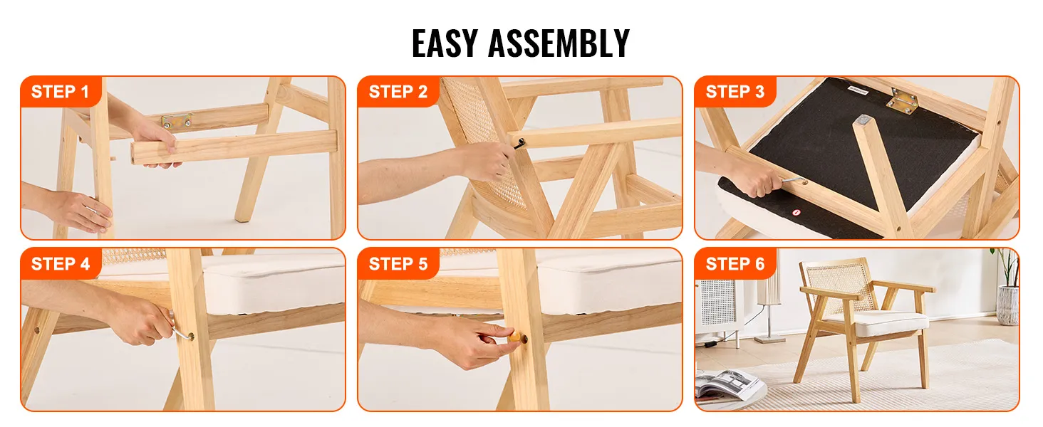 easy assembly of the VEVOR mid century modern rattan chair in six illustrated steps.