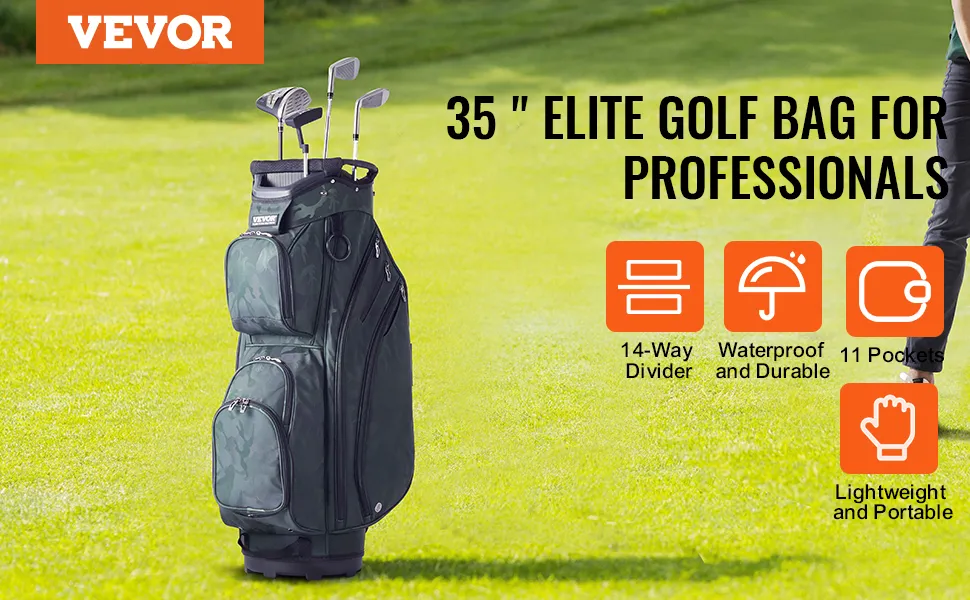 Torba golfowa VEVOR dla profesjonalistów, z 14-punktową przegrodą, wodoodporna, 11 kieszeni, lekka, przenośna.