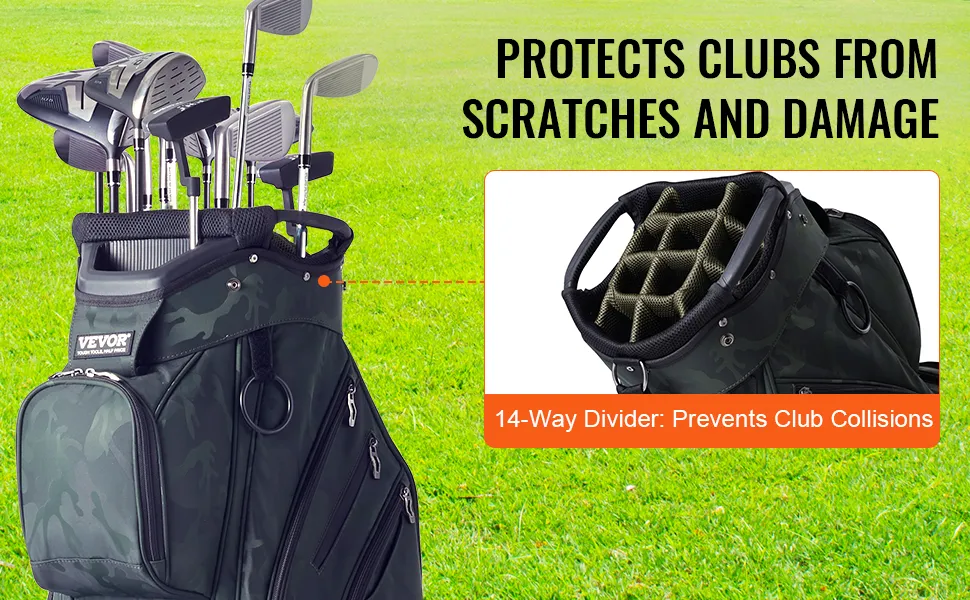 Torba golfowa VEVOR z 14-krotną przegrodą; chroni kije przed zarysowaniami i uszkodzeniami na zielonej trawie.