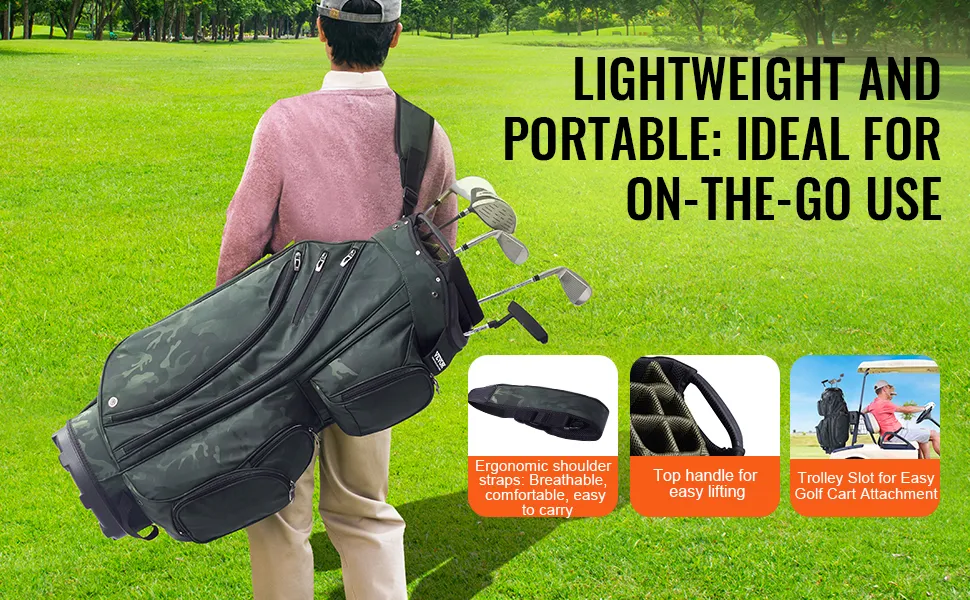 Torba golfowa VEVOR: ergonomiczne paski na ramiona, górny uchwyt, otwór na wózek, idealna do łatwego transportu.