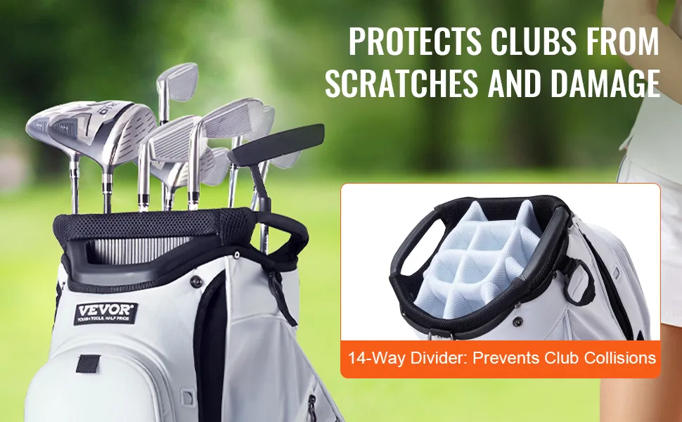 VEVOR golf cart bag with clubs, featuring a 14-way divider to prevent scratches and damage.