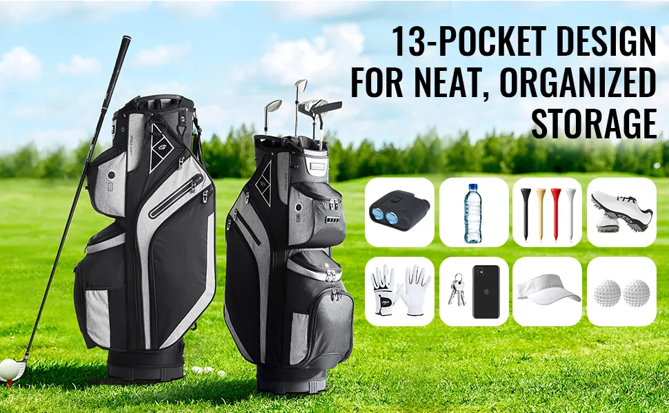 VEVOR-Golfcarttasche mit 13-Taschen-Design, Schlägern und Zubehör auf einem üppigen Golfplatz.