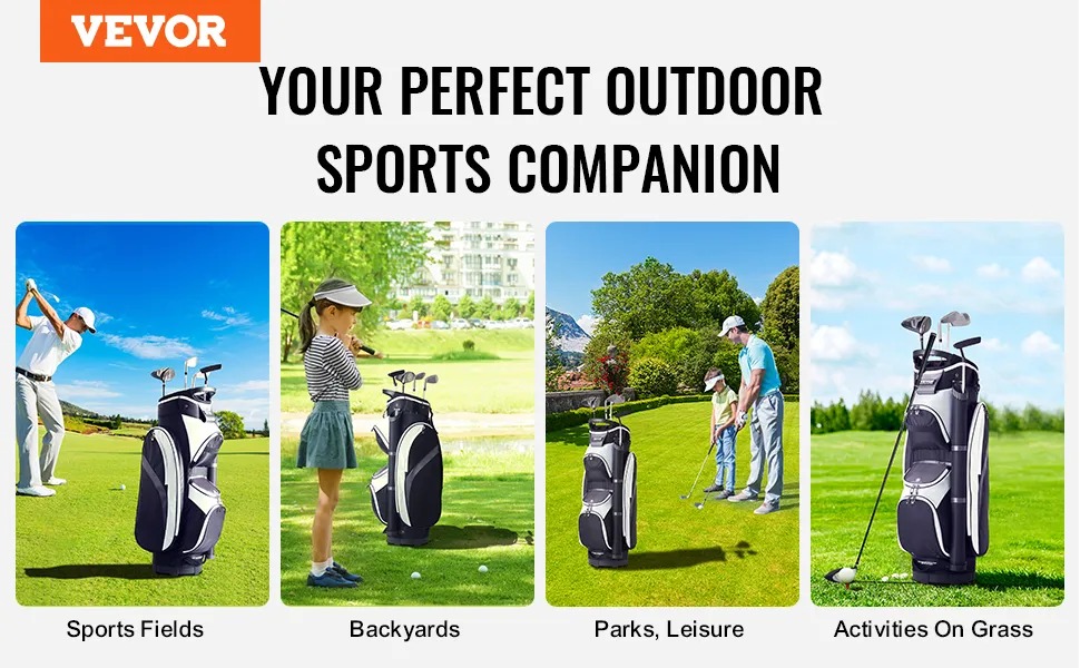 VEVOR-Golfcart-Tasche in verschiedenen Outdoor-Umgebungen: Sportplätze, Hinterhöfe, Parks und Grasaktivitäten.