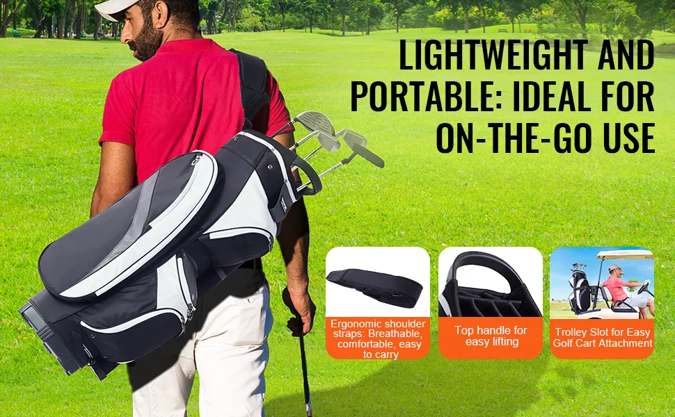 Mann, der eine VEVOR-Golfcart-Tasche auf einem Golfplatz trägt und dabei die ergonomischen Riemen und die Tragbarkeit hervorhebt.
