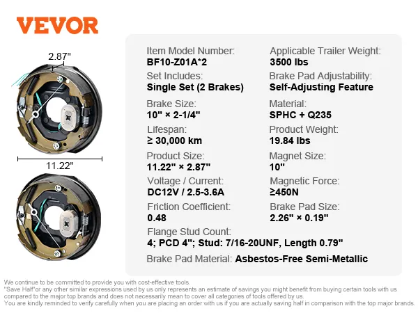 Especificaciones detalladas y dimensiones del conjunto de freno de remolque eléctrico VEVOR para remolques de 3500 libras.