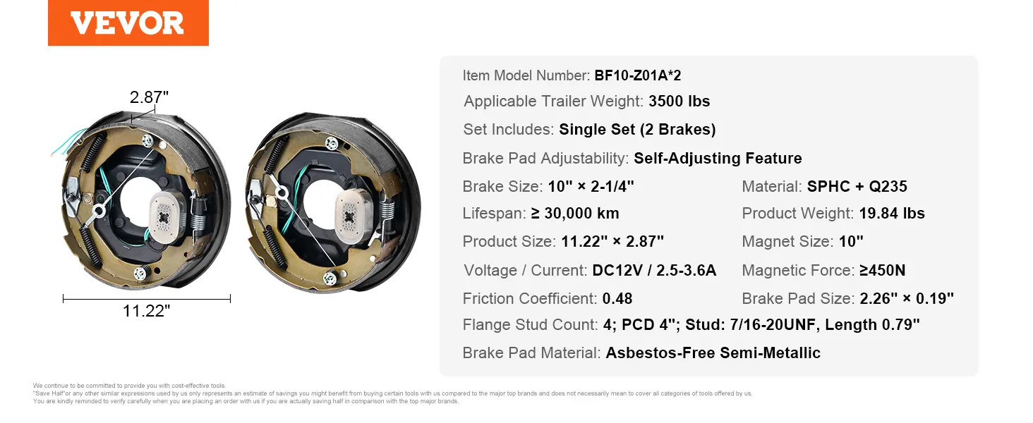 Especificaciones detalladas y dimensiones del conjunto de freno de remolque eléctrico VEVOR para remolques de 3500 libras.