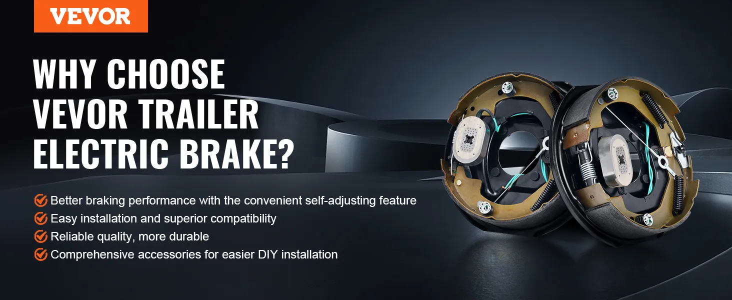 Conjunto de freno de remolque eléctrico VEVOR con función de autoajuste y ventajas de fácil instalación.