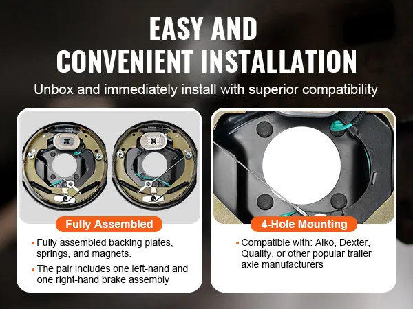 Instalación fácil y conveniente del conjunto de freno de remolque eléctrico VEVOR con placas de respaldo completamente ensambladas.