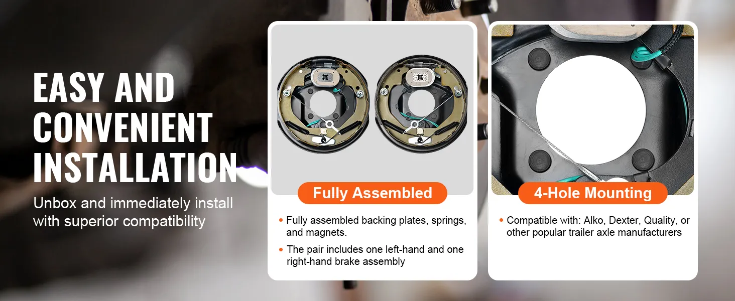 Instalación fácil y conveniente del conjunto de freno de remolque eléctrico VEVOR con placas de respaldo completamente ensambladas.