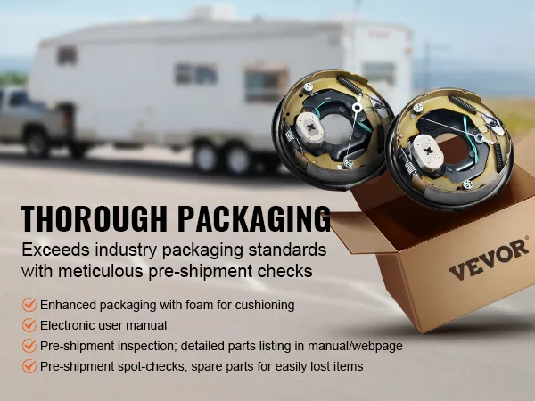 Aspectos destacados del embalaje del conjunto de freno de remolque eléctrico VEVOR con amortiguación de espuma y controles previos al envío.