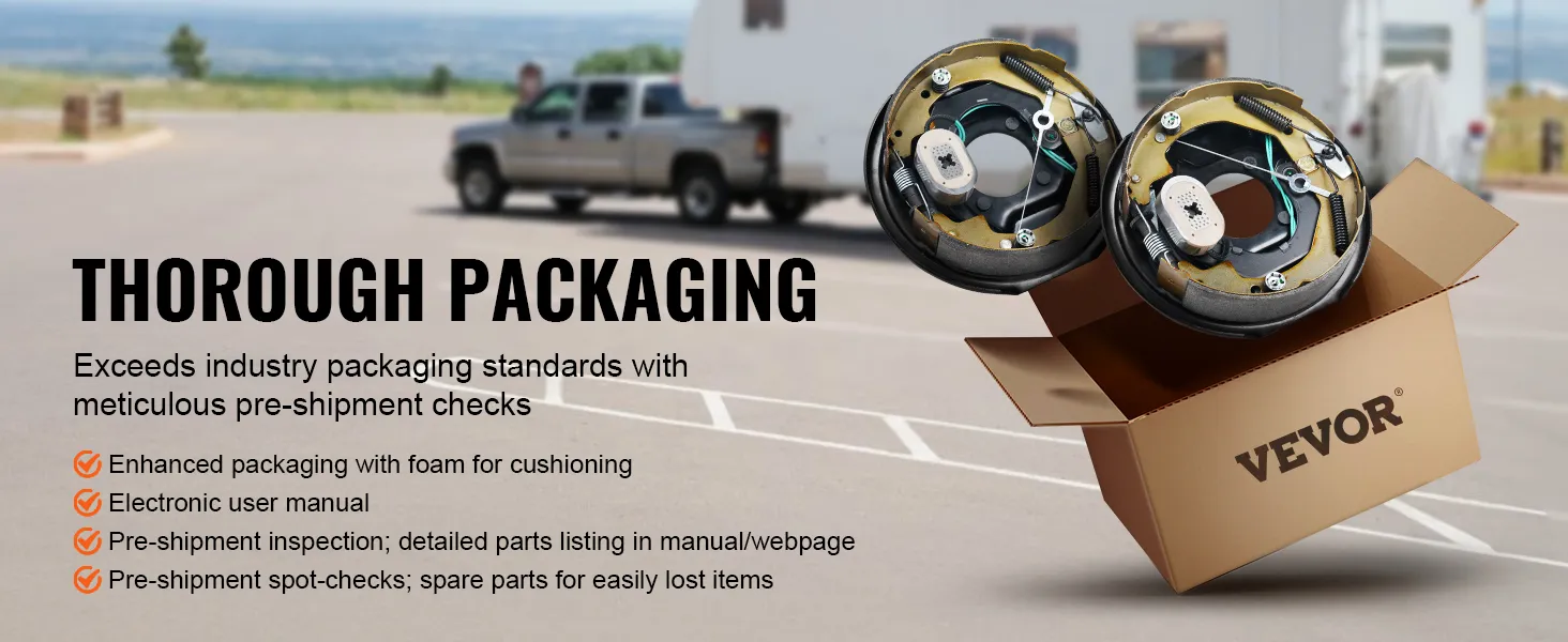 Aspectos destacados del embalaje del conjunto de freno de remolque eléctrico VEVOR con amortiguación de espuma y controles previos al envío.