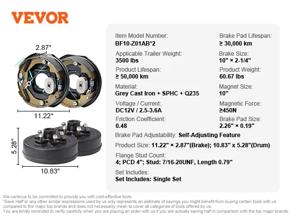 VEVOR trailer hub drum kits with grey cast iron material and self-adjusting brake pads.