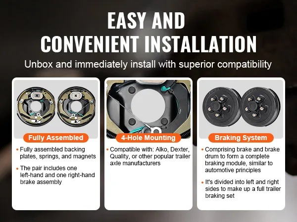 easy and convenient installation of VEVOR trailer hub drum kits with fully assembled brake components.