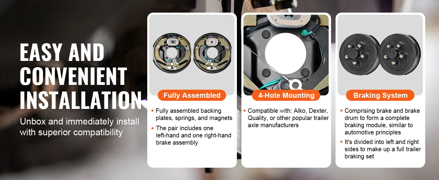 easy and convenient installation of VEVOR trailer hub drum kits with fully assembled brake components.