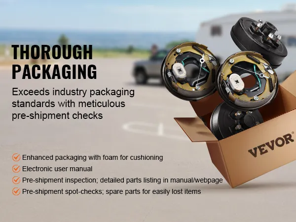 VEVOR trailer hub drum kits in a box with enhanced packaging, truck and trailer in background.