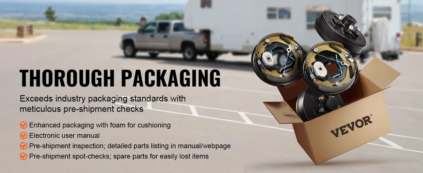 VEVOR trailer hub drum kits in a box with enhanced packaging, truck and trailer in background.