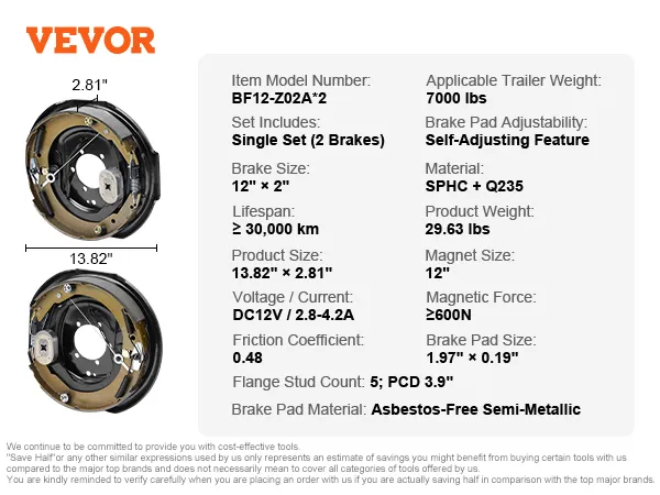 VEVOR electric trailer brake assembly, 12"x2", single set, 7000 lbs, adjustable, dc12v, asbestos-free.