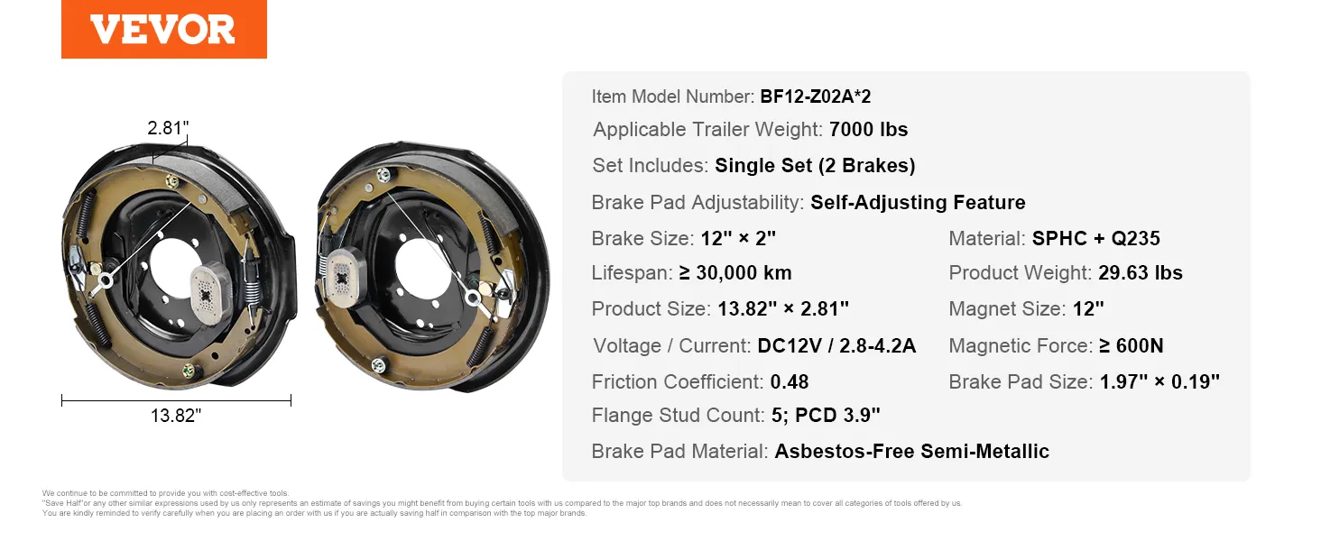 VEVOR electric trailer brake assembly, 12"x2", single set, 7000 lbs, adjustable, dc12v, asbestos-free.