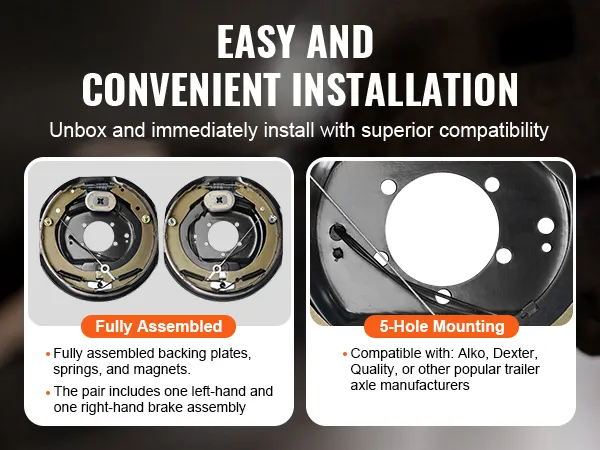easy installation of VEVOR electric trailer brake assembly; fully assembled, 5-hole mounting, superior compatibility.