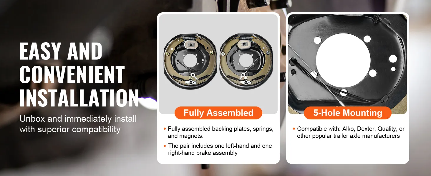 easy installation of VEVOR electric trailer brake assembly; fully assembled, 5-hole mounting, superior compatibility.