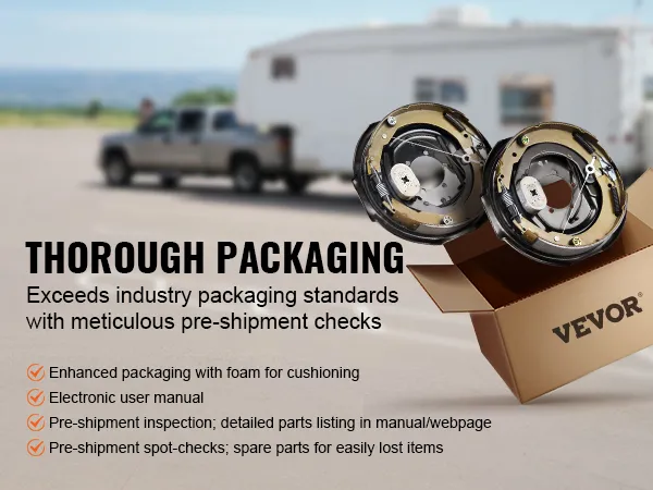 VEVOR electric trailer brake assembly packaging with foam cushioning, user manual, and pre-shipment checks