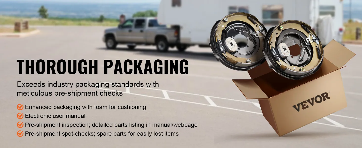 VEVOR electric trailer brake assembly packaging with foam cushioning, user manual, and pre-shipment checks