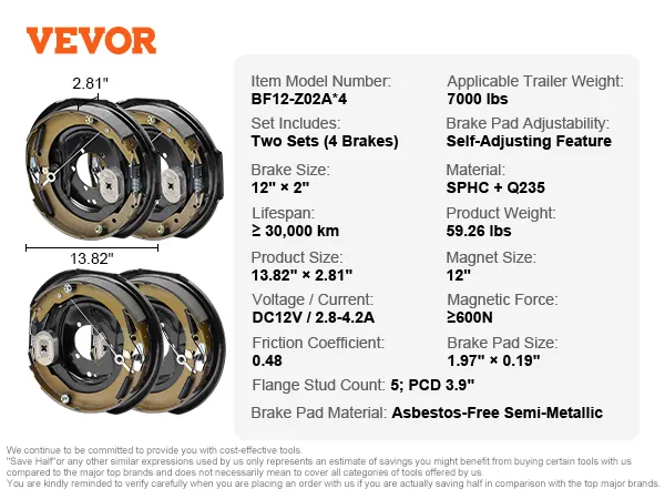Conjunto de freno de remolque eléctrico VEVOR, 7000 lb, autoajustable, frenos de 12" x 2", juego de 4, 12 V CC.