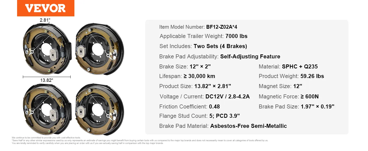 Conjunto de freno de remolque eléctrico VEVOR, 7000 lb, autoajustable, frenos de 12" x 2", juego de 4, 12 V CC.