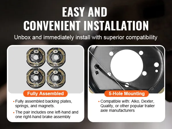 Instalación fácil y conveniente. Conjunto de freno de remolque eléctrico VEVOR completamente ensamblado con montaje de 5 orificios.