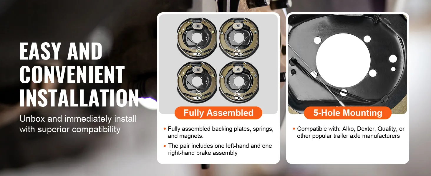 Instalación fácil y conveniente. Conjunto de freno de remolque eléctrico VEVOR completamente ensamblado con montaje de 5 orificios.