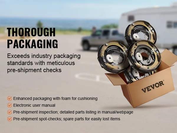 Conjunto de freno de remolque eléctrico VEVOR en embalaje, con un camión y un remolque al fondo.