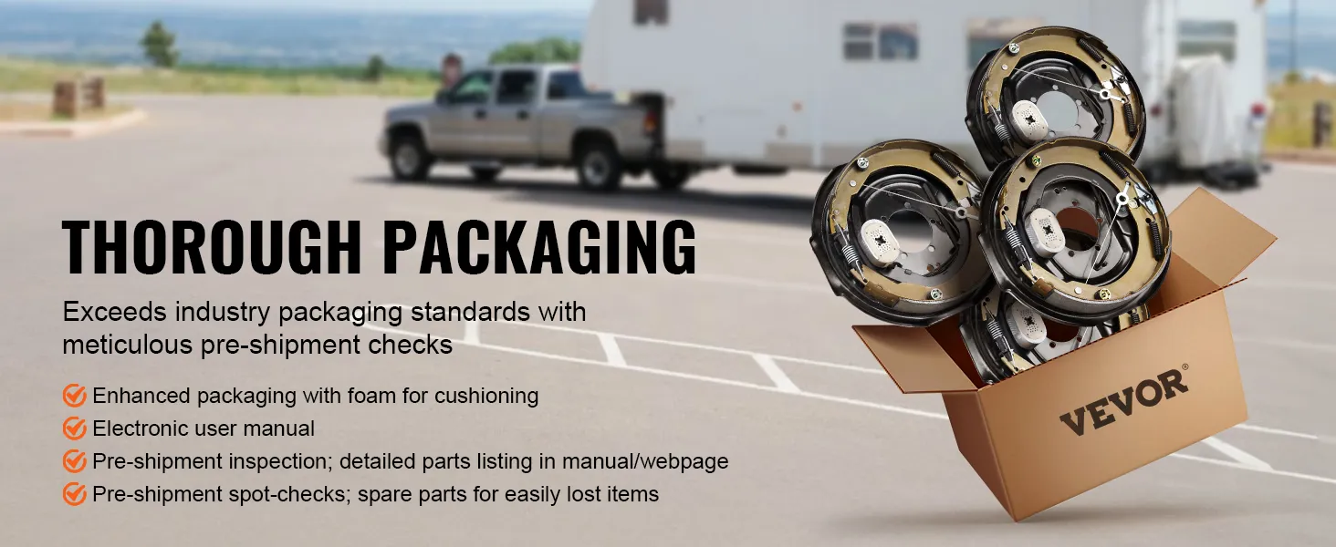 Conjunto de freno de remolque eléctrico VEVOR en embalaje, con un camión y un remolque al fondo.