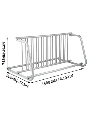 outdoor VEVOR bike rack with dimensions: 743mm x 965mm x 1517mm, silver metal frame.