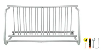 VEVOR bike rack, silver color with assembly tools including a wrench, screwdriver, and tape measure.
