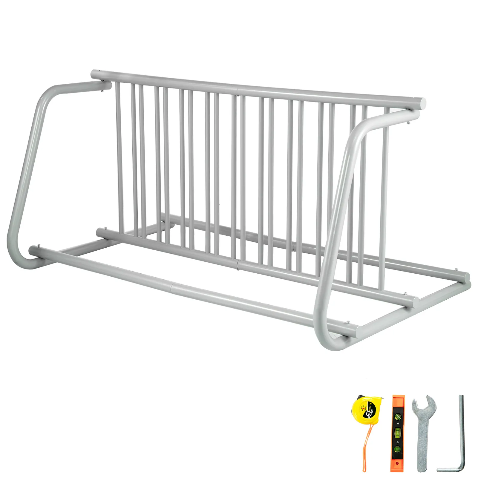 VEVOR bike rack with sturdy steel frame and assembly tools including wrench, level, and tape measure.