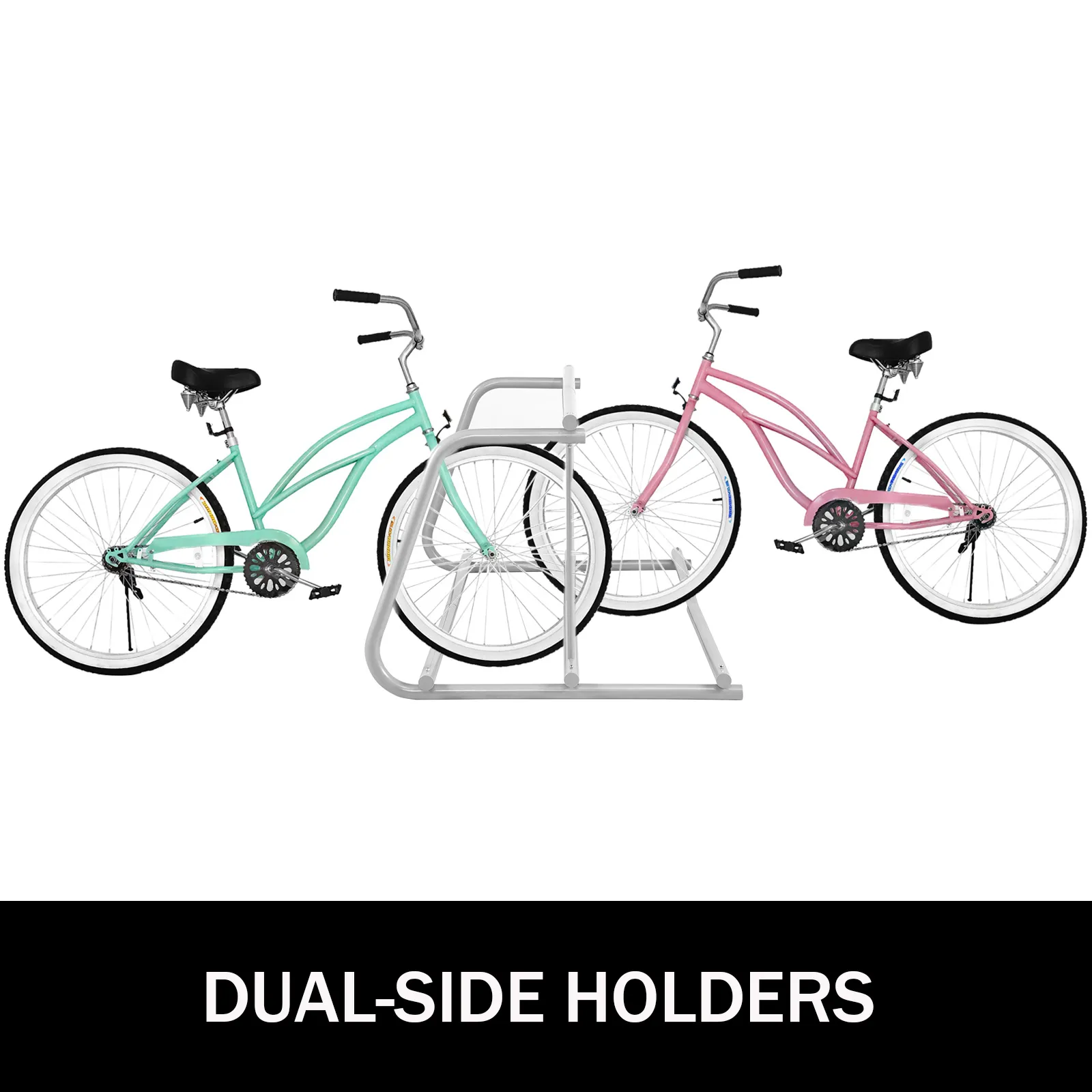 VEVOR bike rack with dual-side holders, securing two bicycles, one mint green and one pink.