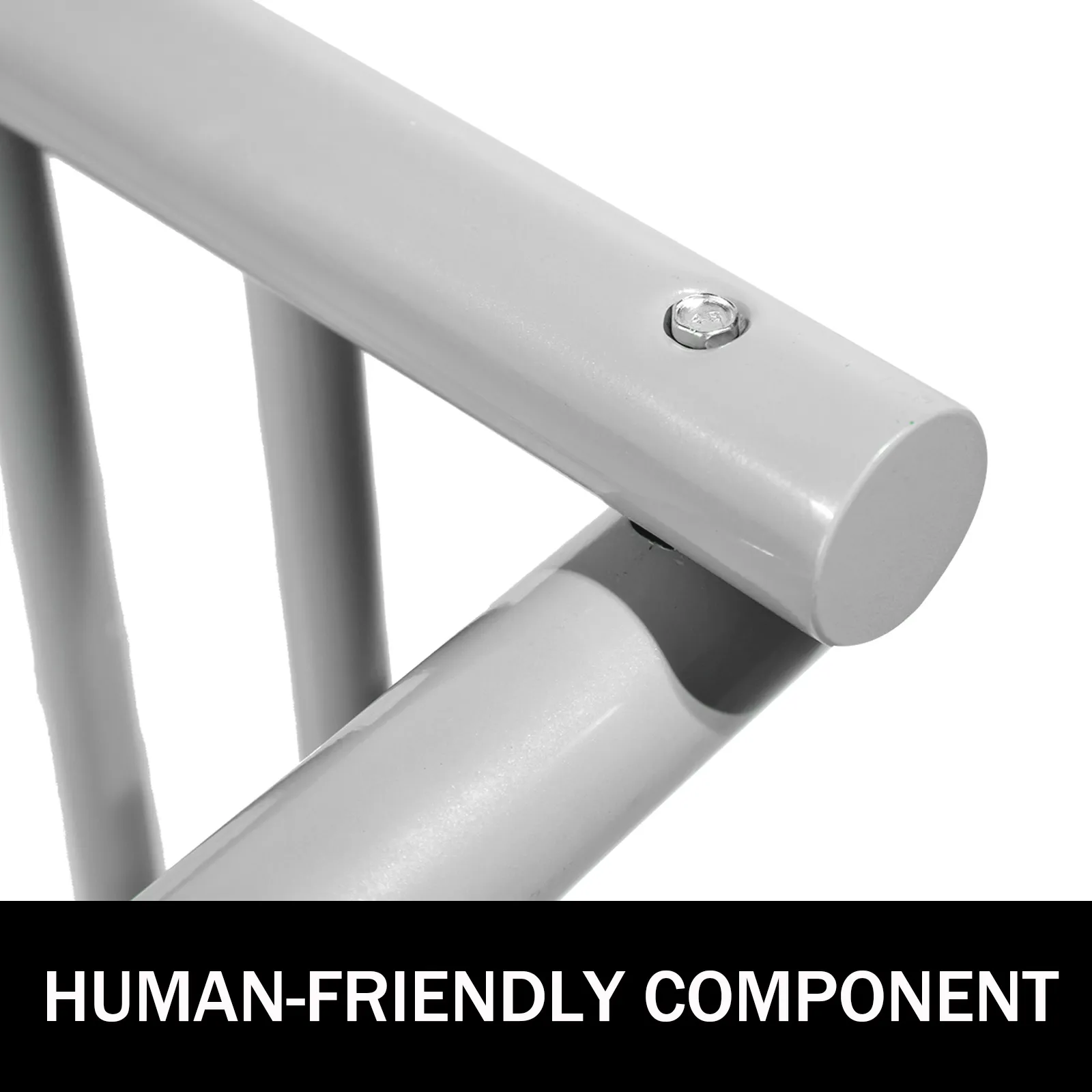 close-up of a VEVOR bike rack with rounded, human-friendly components and visible bolt.